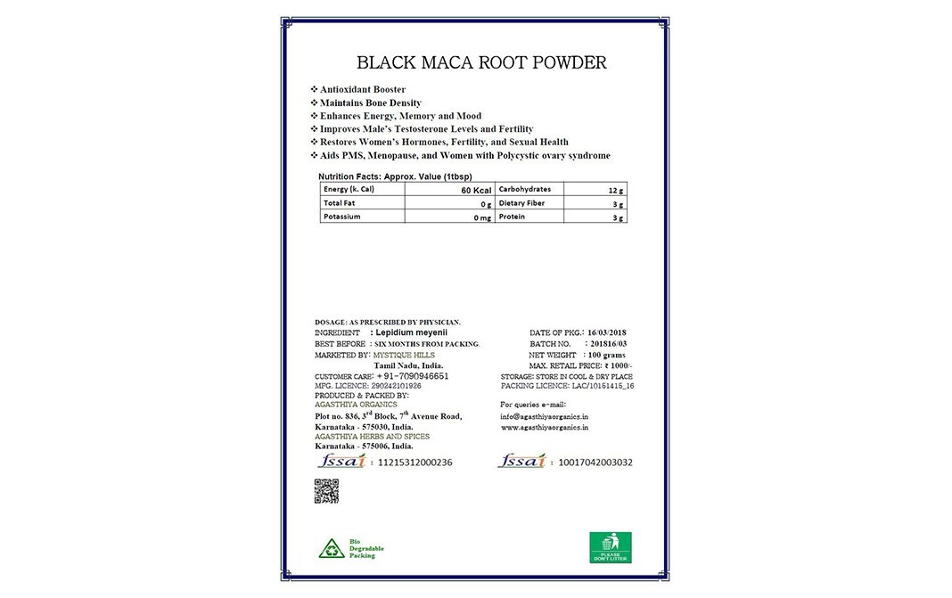 Mystique Hills Organic Black Maca Root Powder   Pack  100 grams